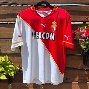 Puma AS Monaco Soccer Jersey Mens L Red White Excellent Fedcom Kit